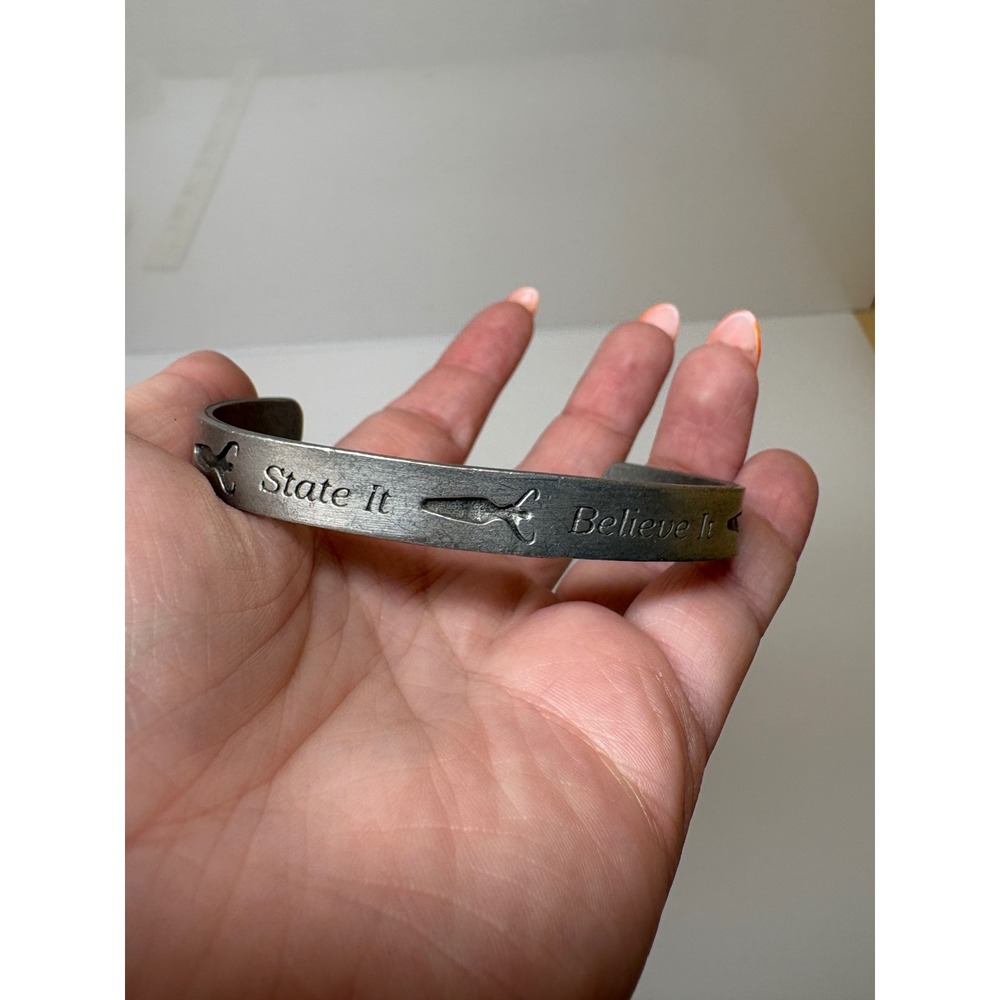 Inspirational Silver Tone Cuff Bracelet Live With Intention State It Believe It